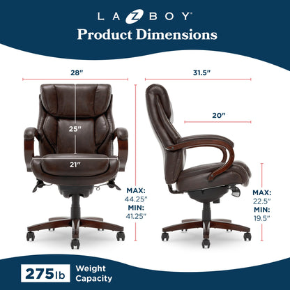 La-Z-Boy® Bellamy Executive Office Chair with Memory Foam Cushions, Real Wood Arms and Swivel Base, Waterfall Seat Edge, Faux Bonded Leather, Brown