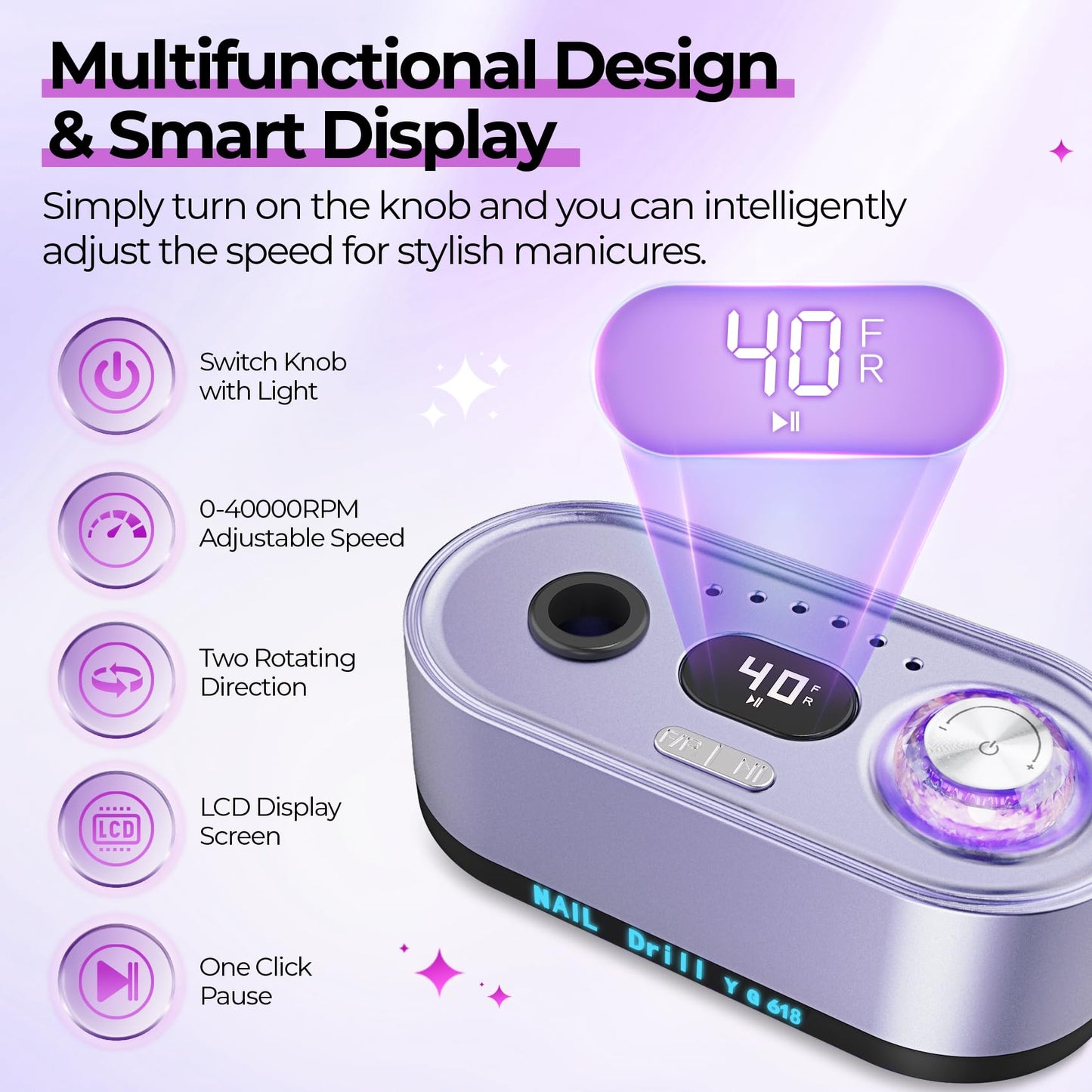 40000RPM Electric Nail File Drill Professional Kit, Drill Machine with LCD Display, Manicure Pedicure Polishing Acrylic Gel Nail Grinder for Salon, Home Use