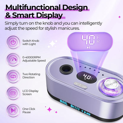 40000RPM Electric Nail File Drill Professional Kit, Drill Machine with LCD Display, Manicure Pedicure Polishing Acrylic Gel Nail Grinder for Salon, Home Use