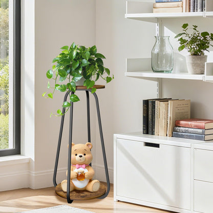 OugeWood Plant Stand Indoor, 2 Tier Plant Shelf Pedestal Stand Flower Stand, Metal Wood Plant Stands for Indoor Plants Living Room Balcony Deck Garden
