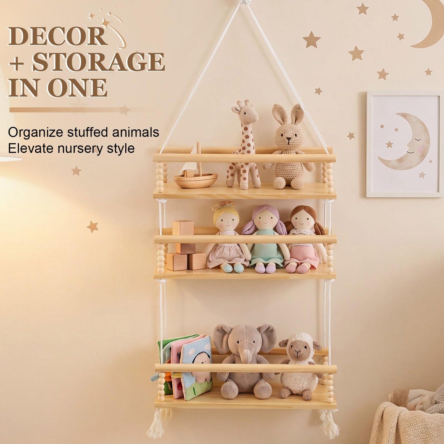 Novabright 3 Tier Stuffed Animal Storage Organizer Adjustable Hanging Plush Toy Display Shelf Boho Stuffy Hammock Storage Wooden Floating Shelf for Nursery Playroom Kids Wall Door Room Decor