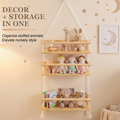 Novabright 3 Tier Stuffed Animal Storage Organizer Adjustable Hanging Plush Toy Display Shelf Boho Stuffy Hammock Storage Wooden Floating Shelf for Nursery Playroom Kids Wall Door Room Decor