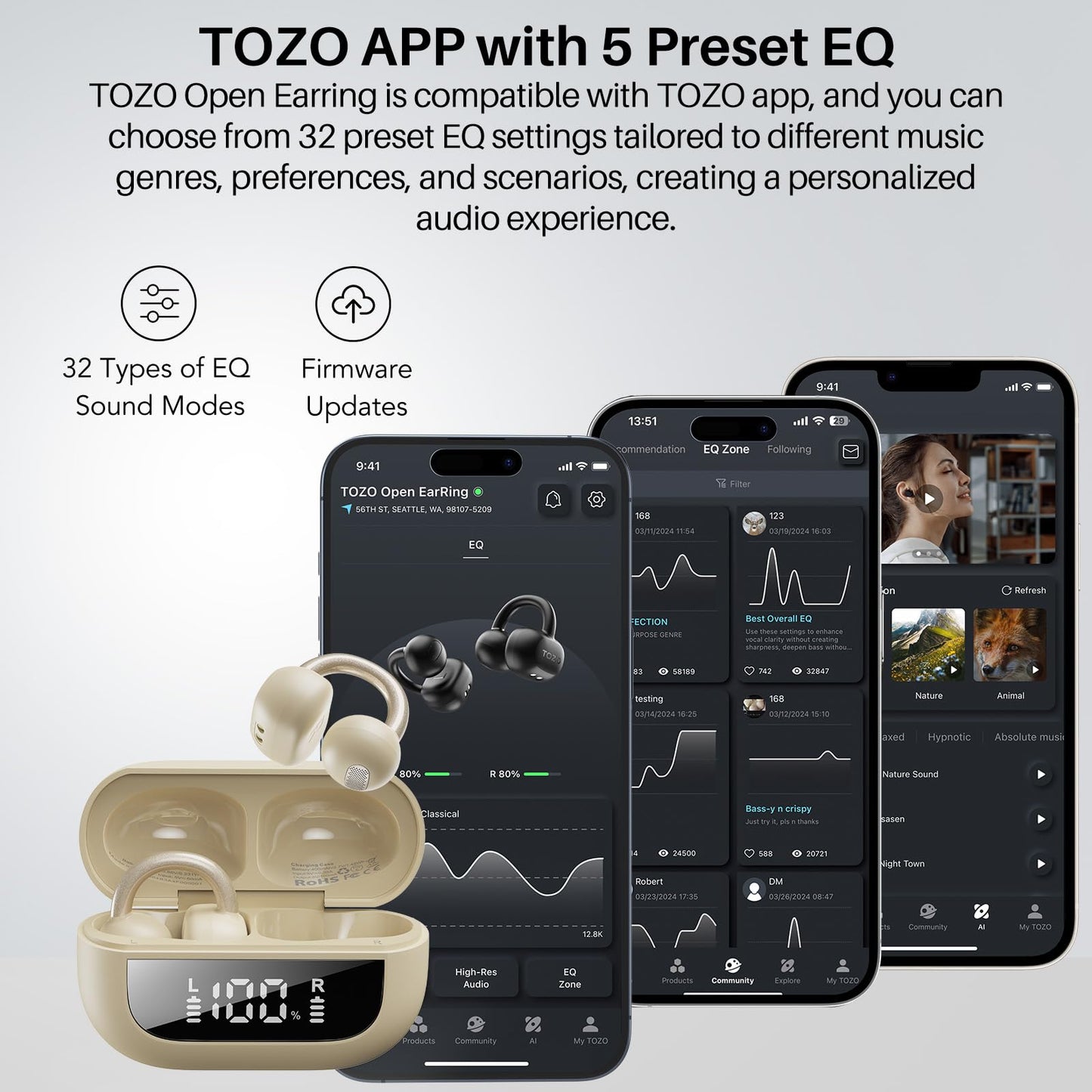 TOZO OpenEarRing True Open Ear Earbuds, Lightweight Comfort Open Ear Clip Wireless Earbuds, 40H Play Bluetooth 5.4 Headphones with Smart Digital Display Design Fit Sports Running, Workout Khaki