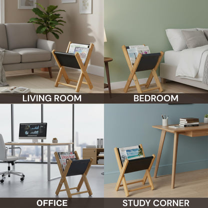Craftilux Premium Leather Magazine Holder - Wooden Magazine Rack Floor Standing - Brochure Holder and Book Display Stand - Modern Magazine File Holder & Newspaper Rack for Home, Bathroom, Office Decor