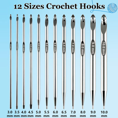 Hobekoee Tunisian Crochet Hooks Set with Cable,12 Size Aluminium Interchangeable Crochet Hook Set Inline Crochet Hooks Afghan Crochet Needles 3mm-10mm