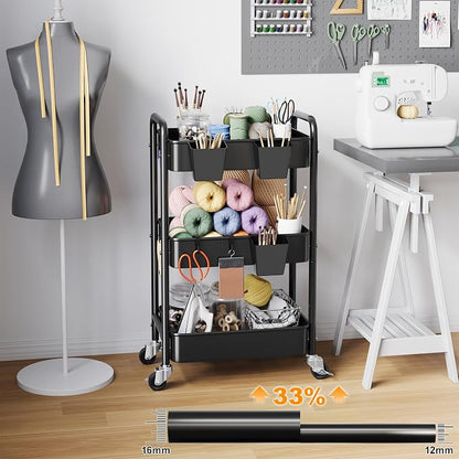 3 Tier Rolling Cart Metal with Wheels, Black Three Tiered Art Cart Organizer on Wheels, Storage Utility Trolley Carts for Kithcen, Craft, Nail, Lash, Makeup, Salon,Bedside, Bathroom, Office, Snack