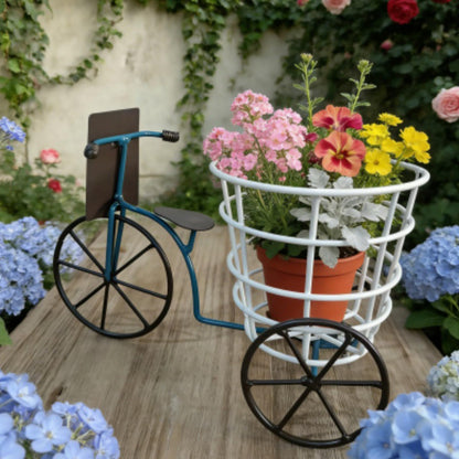 Psdndeww Metal Three Wheel Flower Pots Holder Container for Plant with Drainage Sturdy Construction Easy to Assemble and Maintain Beautiful Iron Tricycle Flower Pots Holder Container