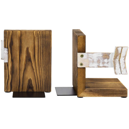 MyGift Farmhouse Bookends, Rustic Book Ends Kitchen, Tabletop Boho Bookend Support Stands, Whitewashed Arrow Design and Burnt Dark Brown Wood
