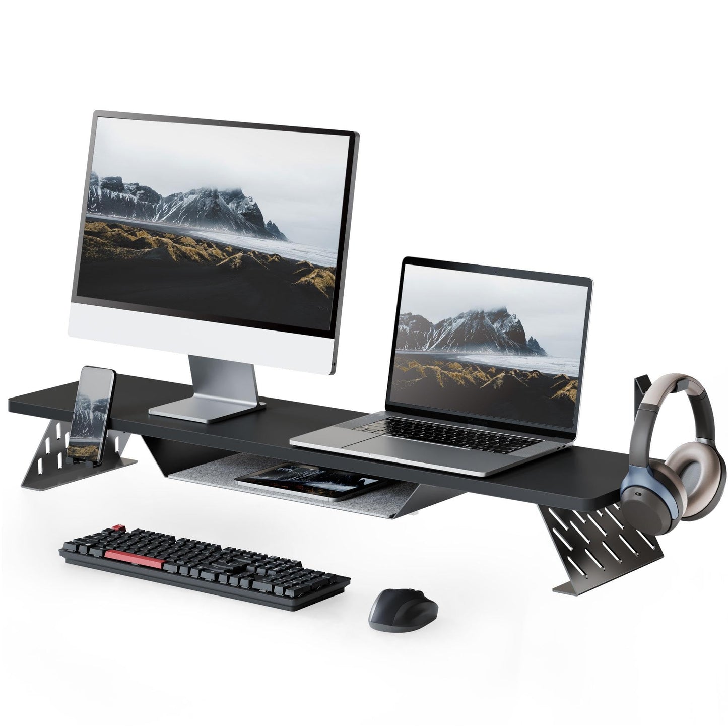 Fenge Dual Monitor Stand, 42.5 Inch Monitor Riser for Desk, Wood Desk Shelf for 2 Monitors, 2 Tier Monitor Shelf with Headphone Stand & Phone Holder