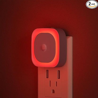 YUNLEX 2 Pack Plug in Red Night Light with Motion Sensor & Dusk to Dawn Sensor, Soft Glow, 0% Blue Light, Dimmable, Auto On/Off, 3 in 1 LED Lights for Bedroom, Kids, Bathroom, Hallway