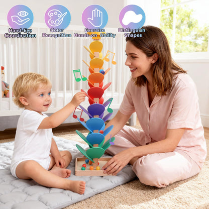 Rainbow Music Tree Toy, Wooden Marble Run Ball Drop Toy for Kids Ages 3+