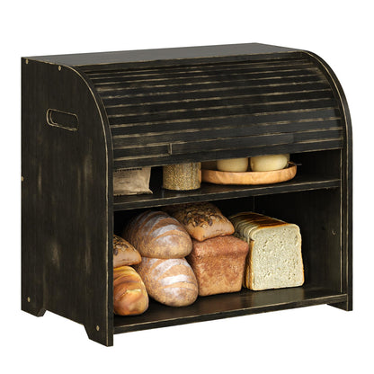 Trironsun Bamboo Roll Top Bread Box for Kitchen Countertop Large Capacity Bread Storage Bin 2 Layer Wooden Bread Storage Organizer Natural Breadbox for Food Storage (Antique Black)