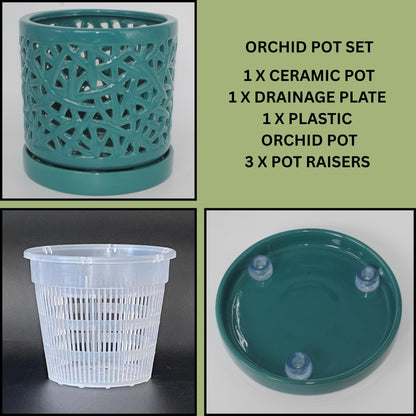 DESQUIGGLE Green Large Ceramic Orchid Pot with Holes, 6 Inches Wide, for Indoors or Outdoors with Woven String Cut Out Design, Orchid Planters, Orchid Gifts