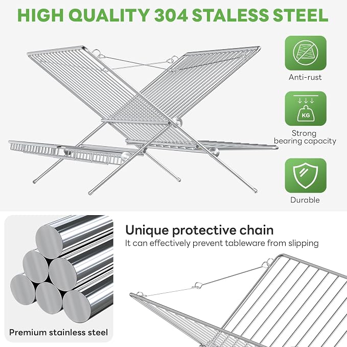 Stainless Steel Foldable Dish Drying Rack, 3 Tier Large Capacity Collapsible Folding Dish Drainer with Drainboard for Kitchen Counter (Upgraded)