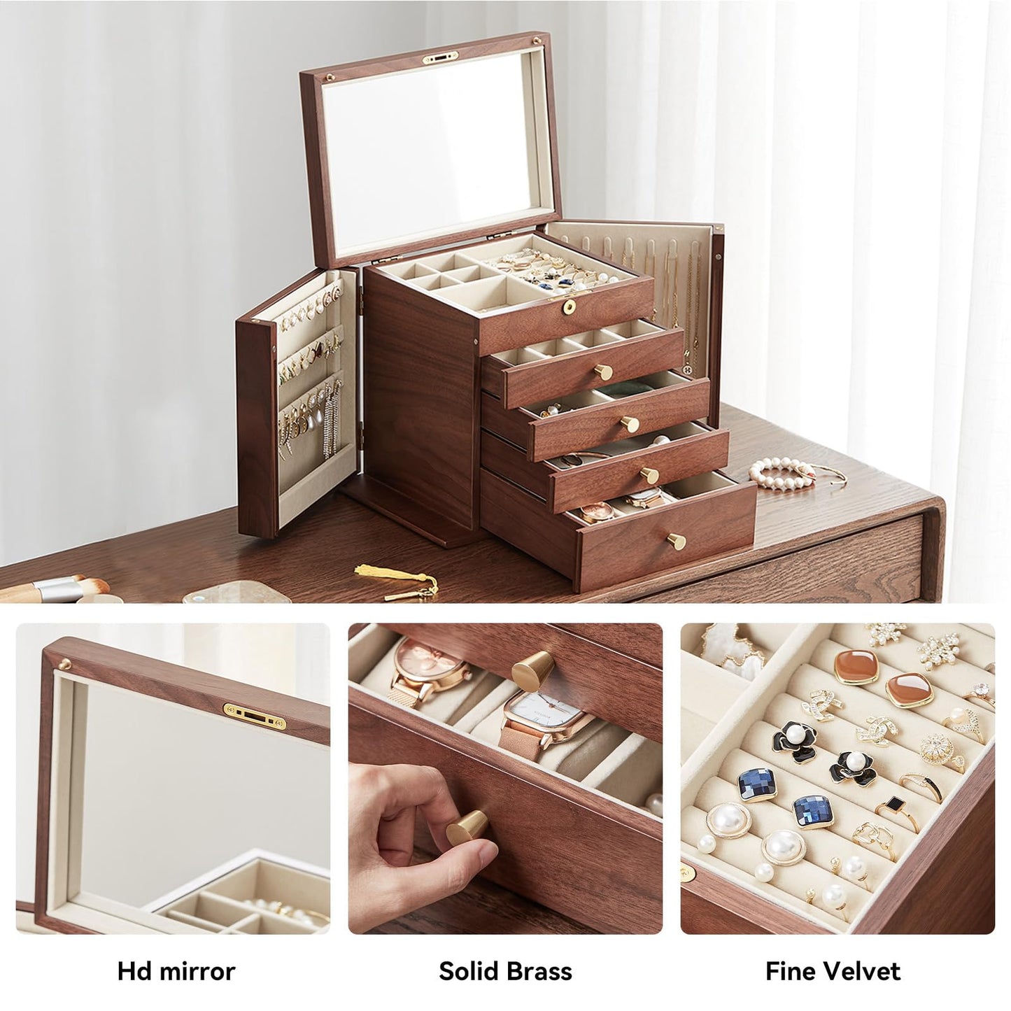 CHOSIN Black Walnut Wooden Jewelry Box for Women with Mirror, 5 Drawers and 2 Side Doors for Watches, Necklaces, Rings, Earrings Storage, Ideal Gift for Her, Fathers Day Gift