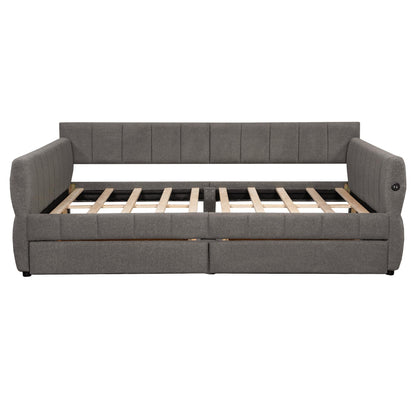 GDFStudio Queen Size Upholstered Platform Bed Frame with USB Ports & 2 Storage Drawers, Modern Sherpa Fabric Daybed Frame with Armrests, and Wooden Slats, No Box Spring Required, Gray