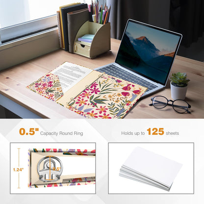 Ospelelf 3 Ring Binder, 1/2 Inch, Cute Floral Binder for Letter Size (11" x 8.5") with 5 Tab Dividers, File Folder Labels and Low Profile Clipboards