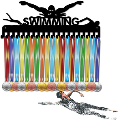 CREATCABIN Swimming Medal Holder Hanger Medals Hooks Sports Awards Display Rack Race Ribbons Organizer Black Metal Case Frame with 20 Hooks for Hanging Over 20 Medals Swimmer Medalist 15.7 x 5.9 Inch