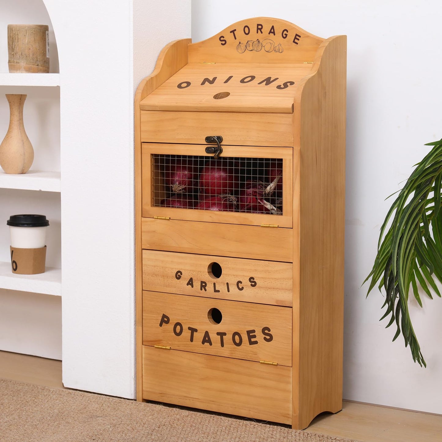 Potato Bin Veggie Organizer Rustic Pine Wood Potato, Onion & Garlic Storage Bin | Kitchen Organizer | Solid Wood Veggie Box | Compact Kitchen Box (13.77" L x 7.1" W x 29.3" H)