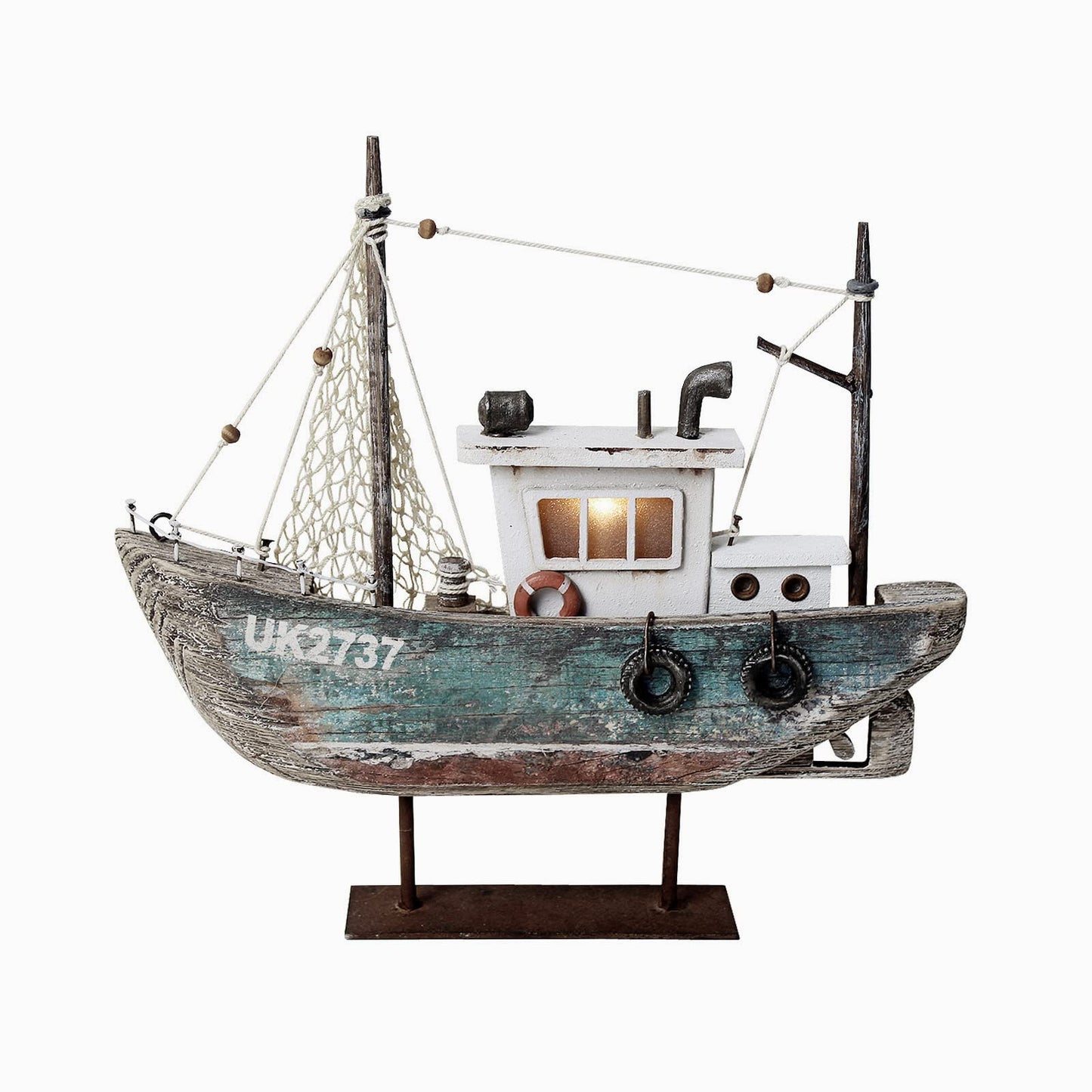 wovorins Wood Sailboat Nautical Decor with LED Light - Decorative Sailing Boat Model Beach Themed Ship Table Centerpiece Rustic Distressed Ocean Decoration Boats Figurine Ornaments