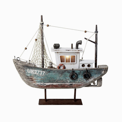 wovorins Wood Sailboat Nautical Decor with LED Light - Decorative Sailing Boat Model Beach Themed Ship Table Centerpiece Rustic Distressed Ocean Decoration Boats Figurine Ornaments