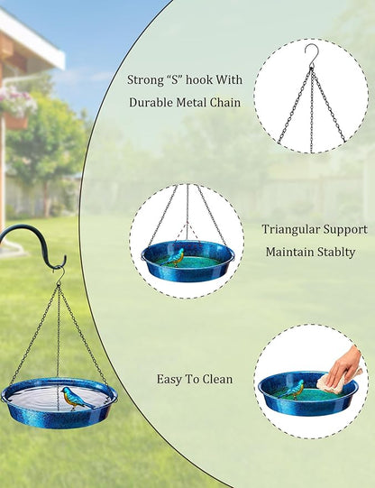 Hanging Bird Bath for Outdoor, Blue & Green Metal Birdbath Bird Feeder Garden Decor Yard Art (11.5" Dia)