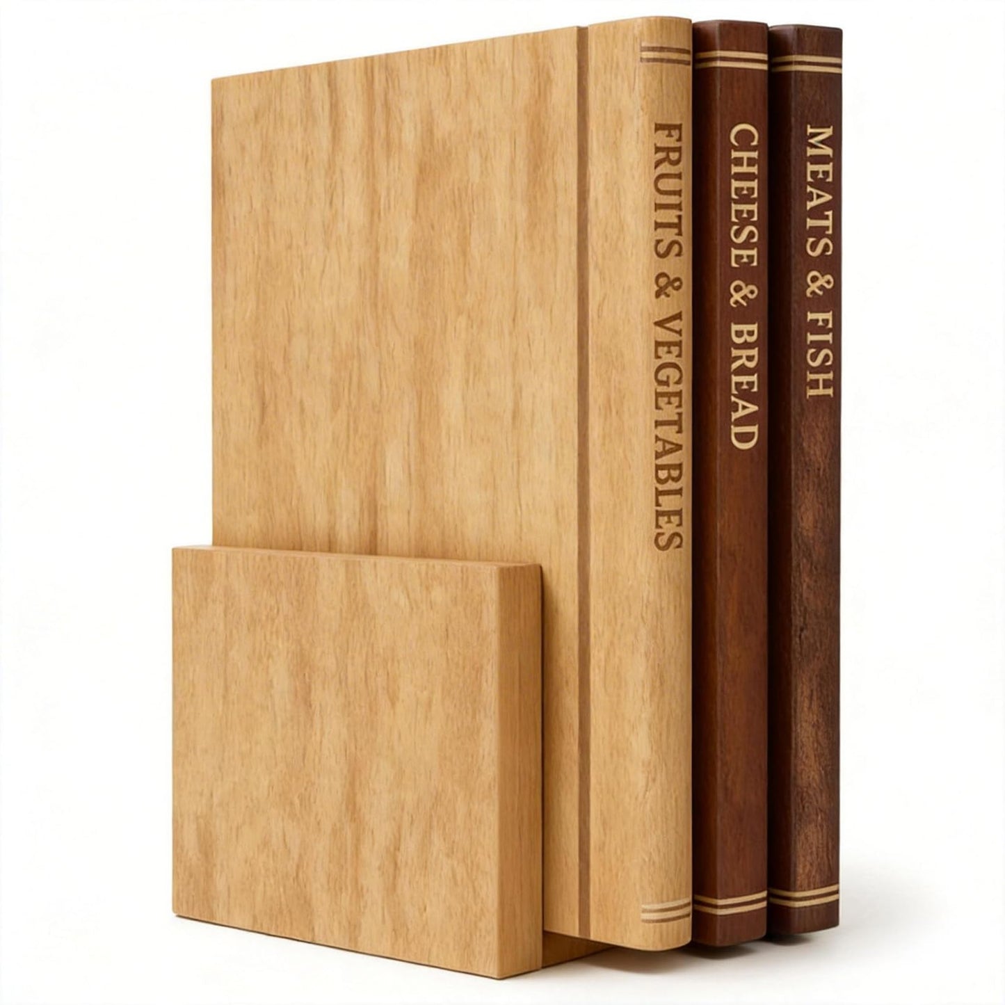 Book Cutting Board Set with Stand, 3-Piece Acacia Wood Boards That Look Like Books, Labeled Wooden Chopping Boards for Meat, Cheese, Bread & Vegetables, Kitchen Decor Gift