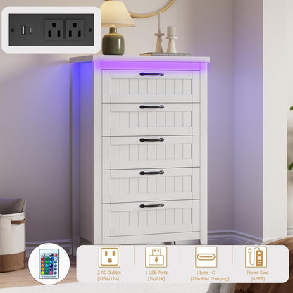 GarveeHome Farmhouse Tall 5 Drawer Dresser with Charging Station & LED Lights, Slim Wooden Bedroom Dresser, Rustic Chest of Drawers Clothes Storage Organizer for Closet Dorm Apartments, White