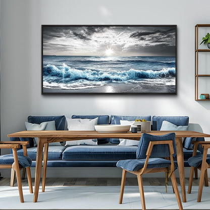KELIYUAN Wall Decor For Living Room Canvas Wall Art For Bedroom Office Black And White Pictures Beach Wave Scenery Murals Artwork For Modern Stretched and Framed Beach Posters Home Decor 20"X40"