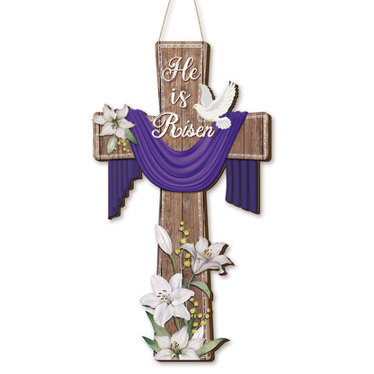 BBTO He Is Risen Easter Door Sign, 31.5 x 15.75 Inches Durable Wooden Religious Cross Hanging Decor Easter Wreaths for Front Door Christian Flowers Lent Hanging Hanger for Farmhouse Front Porch