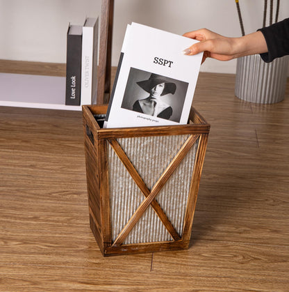 Venalys Small Wood Trash Can Wastebasket, Decorative Barn Door Garbage Can Waste Basket, Rustic Distressed Rectangular Trash Bin, Farmhouse Wooden Storage Basket Waste Paper Bin (Brown)