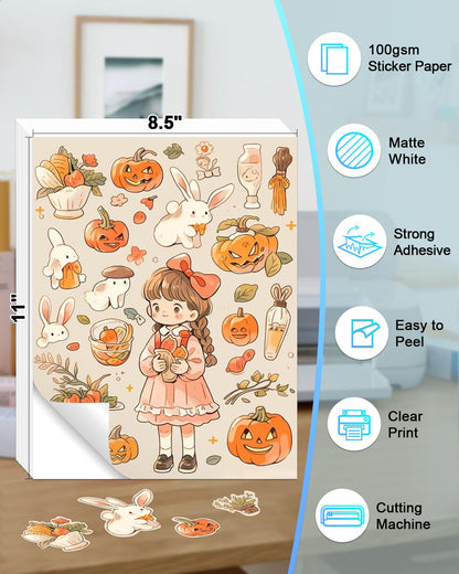100 Sheets 8.5”x11” Printable Sticker Paper for Inkjet Laser Printer & Cricut Maker, Labelchoice Blank Matte White Self Adhesive Full Sheet Labels for Smart Cutting Machines,Whole Page Shipping Labels