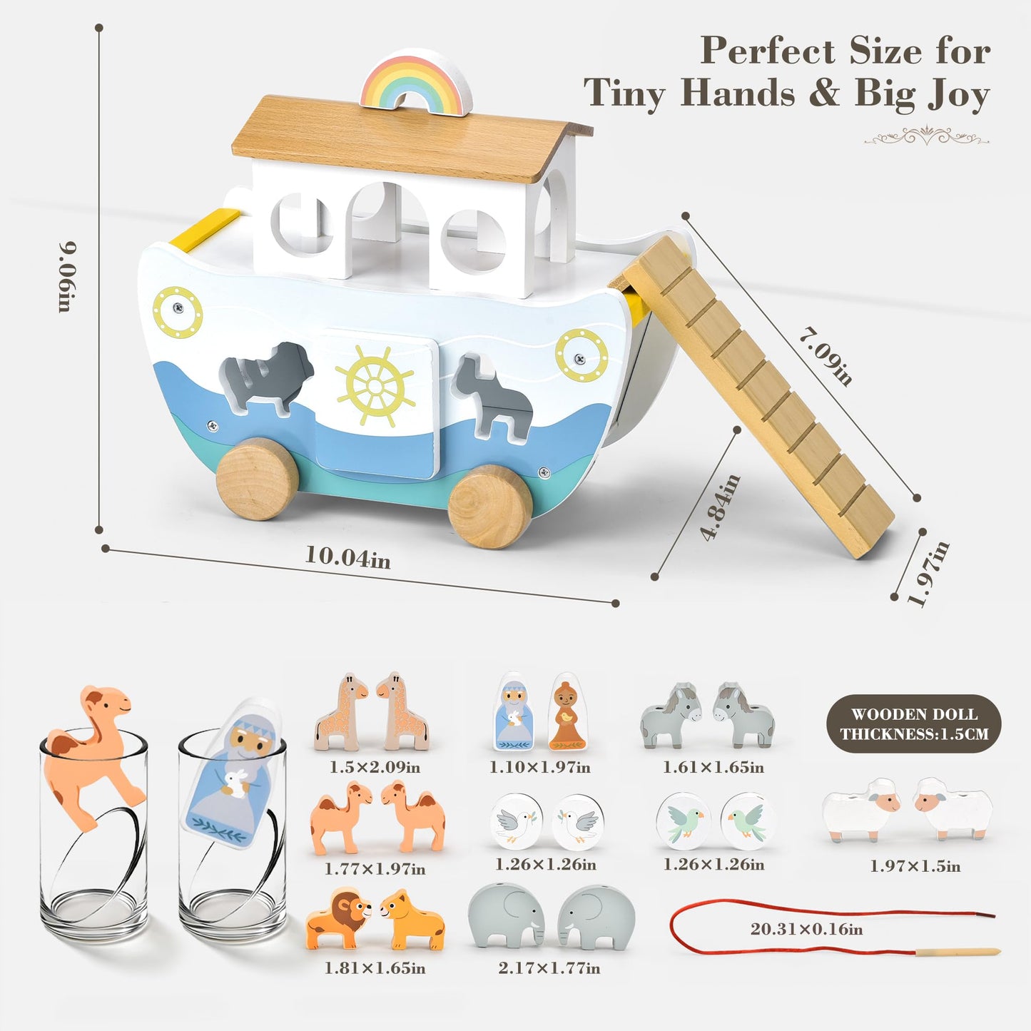 Wooden Noah’s Ark Toy with Cloth Book, Baptism Gifts for Boys and Girls, Christian Shape Sorter Pull Along Playset, Montessori Toys for 1 Year Old, Animal Matching Stacking and Threading Toys