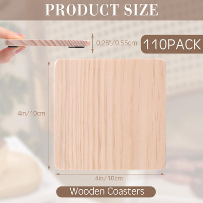 Acellegic 110 Pcs Unfinished Wood Coasters Bulk for Crafts, 4 Inch Blank Square Pine Wood Slices for Crafts with Non-Slip Dots for DIY Stained Painted Engraving Wedding Valentine Home Decoration
