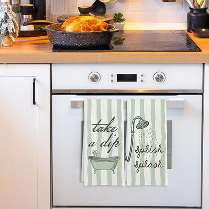 Sage Green Hand Towels for Bathroom Set of 2, Splish Splash Bathtub Dish Tea