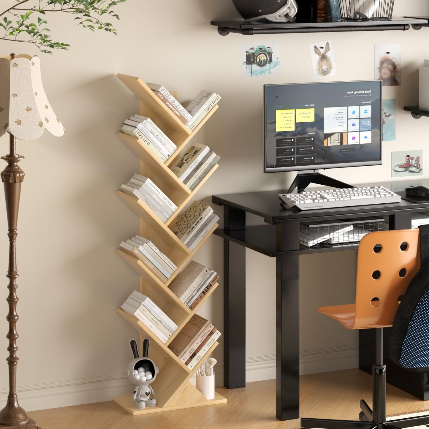 SHEEPAM 10 Tier Tree Book Shelf, Floor Standing Wood Bookshelf for Narrow Space, Storage Organizer Bookshelves for Books/CDs/Magazine, Bookcase with Shelves for Home Office, Living Room - Natural
