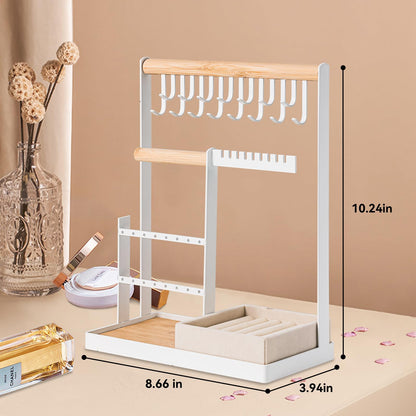 DreamGenius Jewelry Organizer Stand with Velvet Ring Holder, 4 Tier Jewelry Holder Organizer with 15 Hooks for Necklaces and 16 Holes for Earrings, White