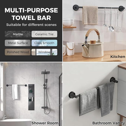 Adjustable Suction Cup Towel Bar for Bathroom Wall,14.6Inch~24 Inch Towel Racks for Bathroom,Stainless Steel Bath Towel Holder for Shower,2 Pack(Matte Black)
