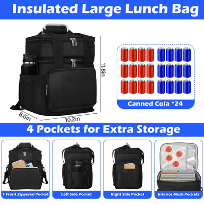 KALVATAY Insulated Lunch Bag, Lunch Box for Men, Double Deck Reusable Lunch Bag for Work Outdoor Picnic Day Trips - Heavy Duty Leakproof Cooler Bag Organizer for Adults(Black, 18L)