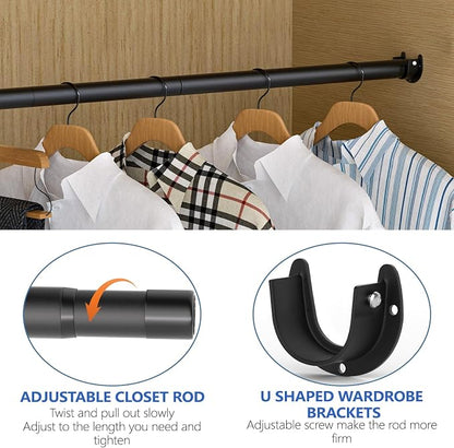 SUTINE Closet Rods for Hanging Clothes, 17 to 53 Inch Closet Rod, Heavy Duty Adjustable Clothes Hanging Bar Rod Matte Black Closet Poles for Wardrobes, Closet, Bathroom, Windows,1.3 Inch Diameter
