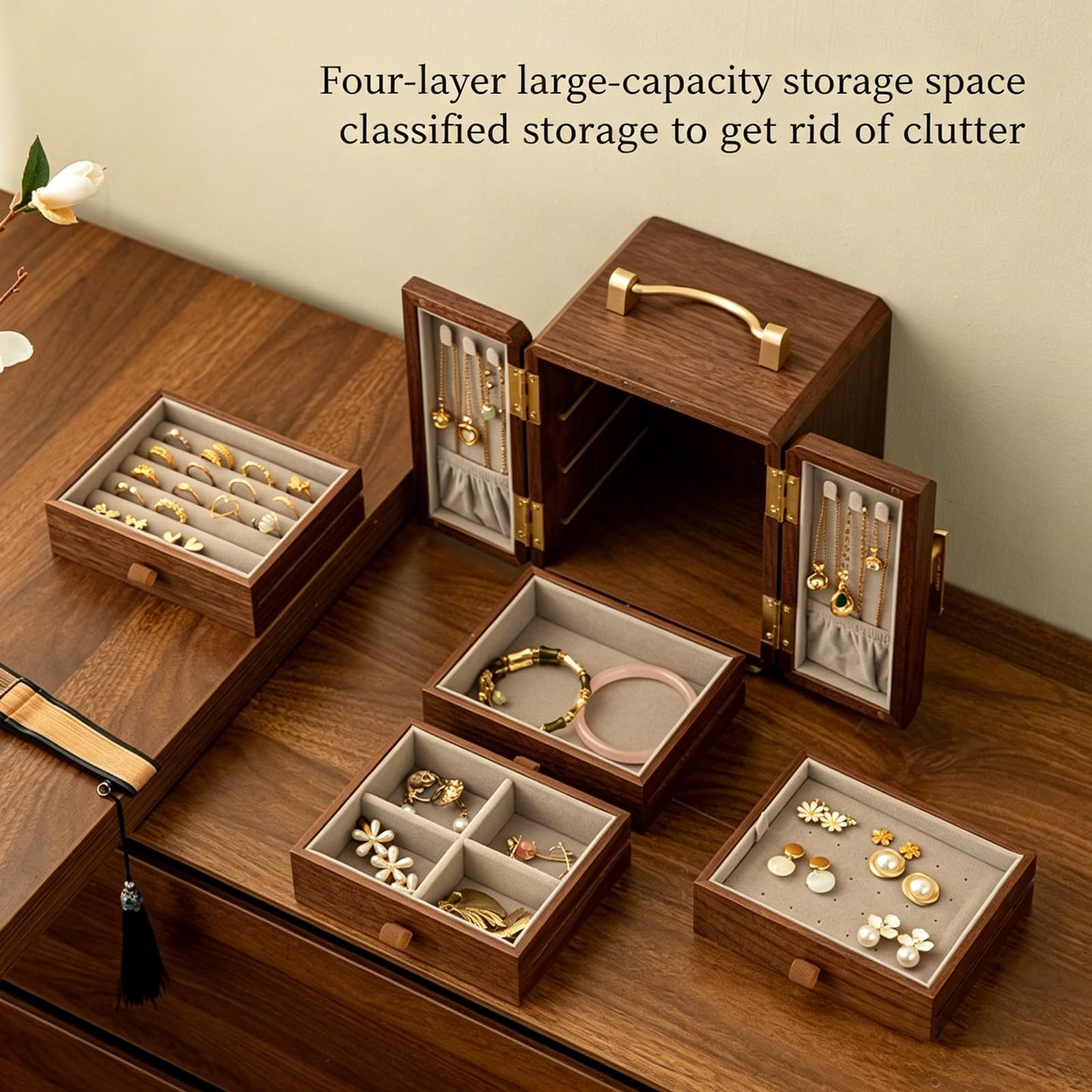 GuaziV Butterfly Jewelry Box for Women, Black Walnut Wood Veneer Jewelry Organizer 4-Layer Jewelry Storage Case with Ring Slots, Necklace Hooks & Watch Pillows for Vanity Dresser