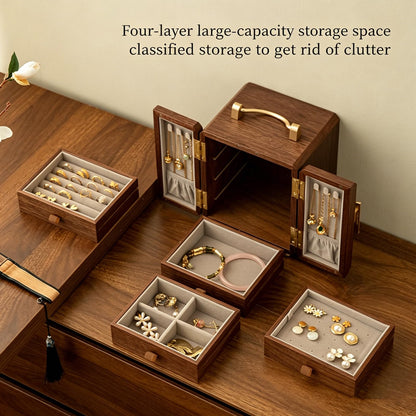 GuaziV Butterfly Jewelry Box for Women, Black Walnut Wood Veneer Jewelry Organizer 4-Layer Jewelry Storage Case with Ring Slots, Necklace Hooks & Watch Pillows for Vanity Dresser