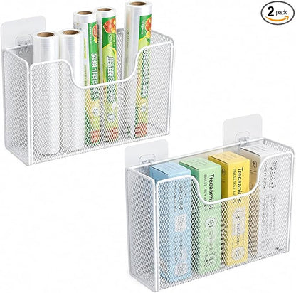 2 Pack Aluminum Foil Organizer, Kitchen Wrap Organizer for Plastic Wrap, Foil, Wax Paper and Food Storage Bags, Wall Mounted Iron Wire Rack for Cabinet Door, Pantry and Kitchen Storage