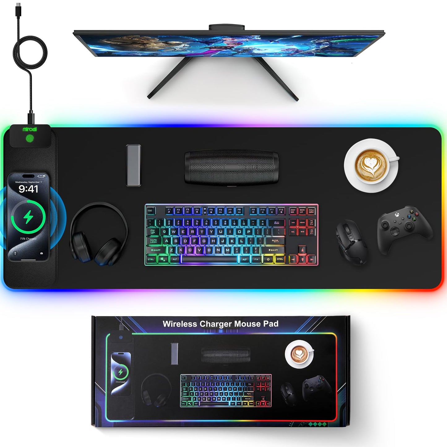 Mouse Pad with Wireless Charging, Large Desk Mat RGB Gaming Mousepad, 10 Light Colors LED Gaming Pad Keyboard Pad with Ultra-Smooth Surface & Non-Slip Rubber Base, Waterproof Full Desk Mouse Pad