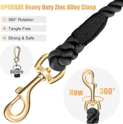 Dog Leash 6 FT Handmade Braided Cotton Rope Leashes for Small Medium and Large Dogs, New Golden Heavy Duty Metal Clasp, Black