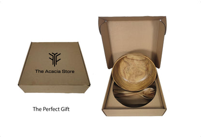 11.5 inches Acacia Wood Salad Bowl Set with 1 set spoon and fork, in a gift box, made from one pc solid acacia wood, made in Vietnam.