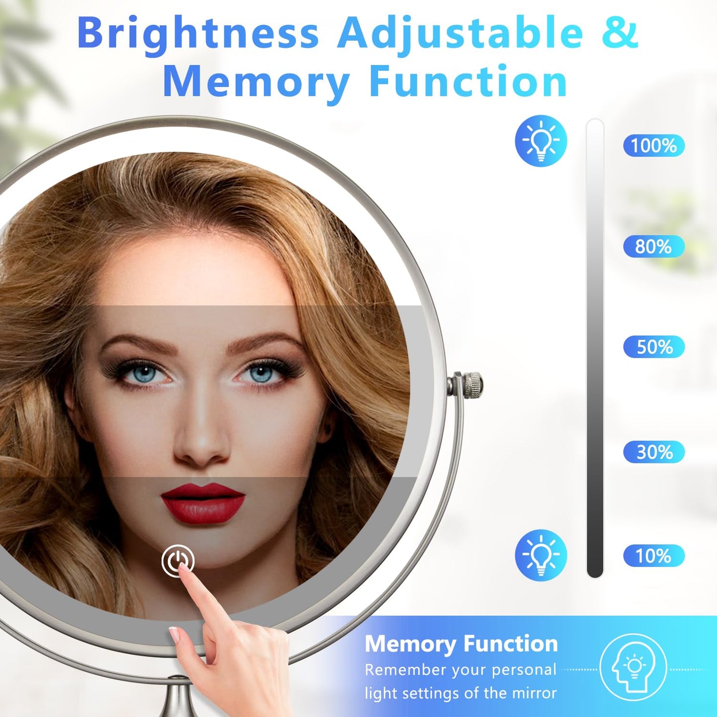 ALHAKIN 9" Wall Mounted Lighted Makeup Mirror, Large Rechargeable 1X/10X Magnifying Mirror with 3 Color Lights Dimmable, 360° Rotation, Nickel