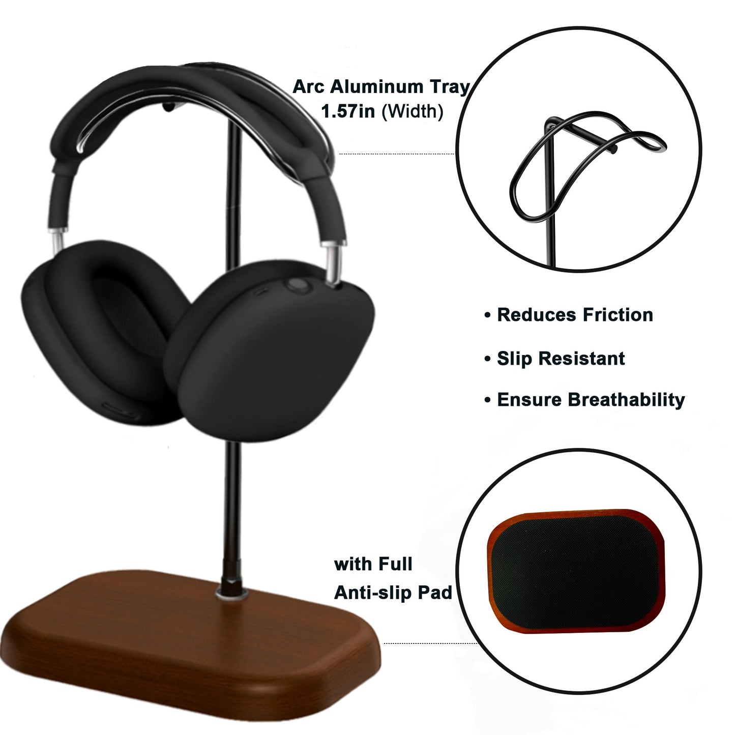 JE Walnut Headphone Stand for Desk- Universal Wood&Aluminum Headset Stand Metal Gaming Headphone Holder with Heavy Duty Base for AirPods Max, Xbox One, Sony, Beats, Most Music Headphones(Sliver)