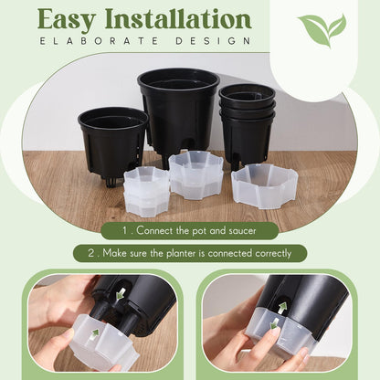 Wonderjune Self Watering Pots for Indoor Plants with Deep Reservoir and High Drainage Holes for Outdoor Plants and Flowers, Bare Root Planter(4.72'', 5.91'', 7.09'',Black,9 Pcs)