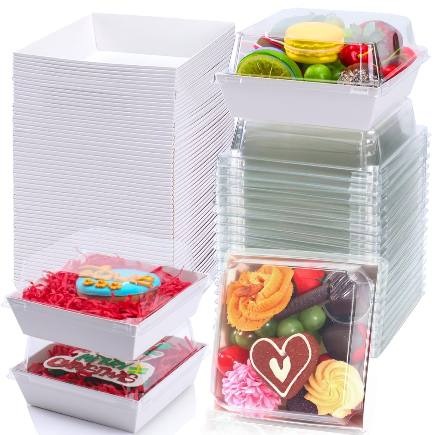 RomanticBaking 100 Pack 4x4x2.55 Inches Charcuterie Boxes with Clear Lids - Bakery, Cookies, Chocolate Covered Strawberries, Mini Cake, Pie, Cinnamon Roll Treat Boxes for Parties